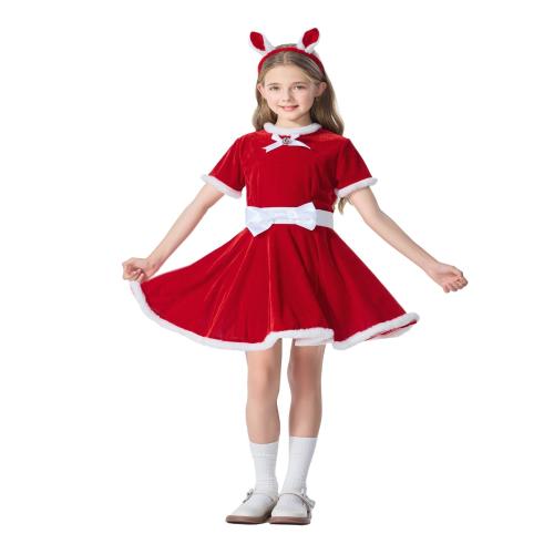 Velours & Peluche Costume de Noël d’enfants Bande de cheveux & Hsa & Robe & Ceinture Rouge Ensemble