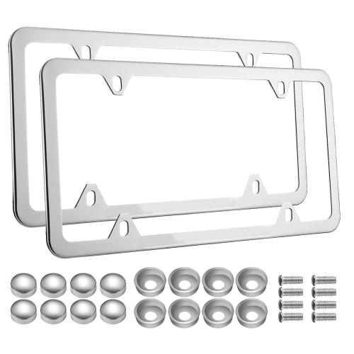 2Pcs Chrome Stainless Steel Metal License Plate Frame Tag Cover With Screw Caps