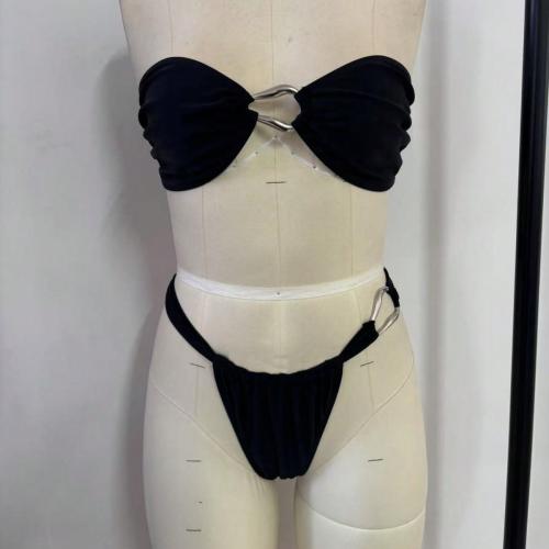 Spandex & Polyester Bikini & two piece & tube & padded plain dyed Solid black Set