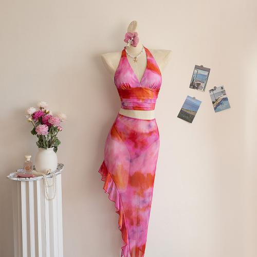 Polyester Tankinis Set & three piece & padded red Set