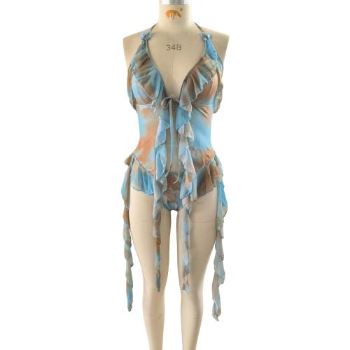 Polyester Tankinis Set & padded printed blue Set