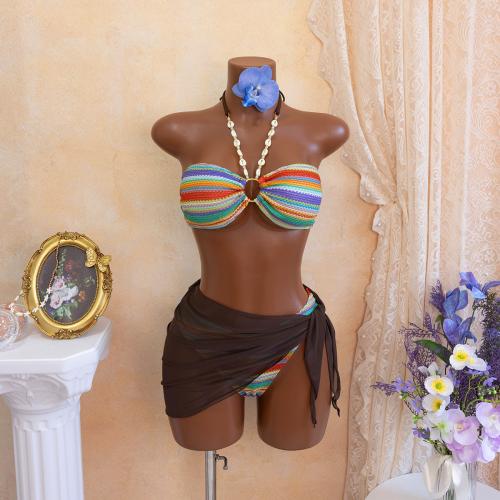 Polyester Bikini & three piece & padded printed striped multi-colored Set