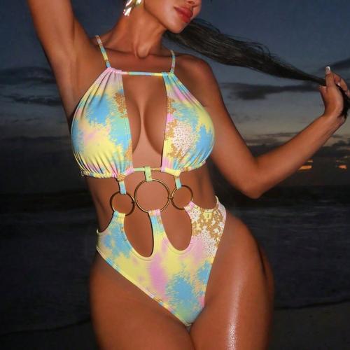 Polyester Monokini backless & padded printed yellow PC