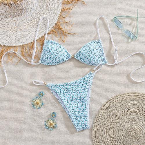 Polyester Bikini & padded Lace printed light blue Set
