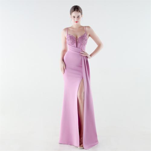 Satin & Polyester Long Evening Dress side slit & off shoulder & padded & with rhinestone embroidered PC