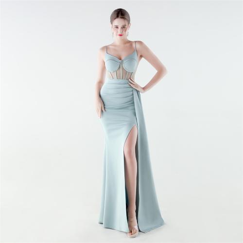 Satin & Gauze Waist-controlled & Mermaid Long Evening Dress side slit & off shoulder & padded Solid PC