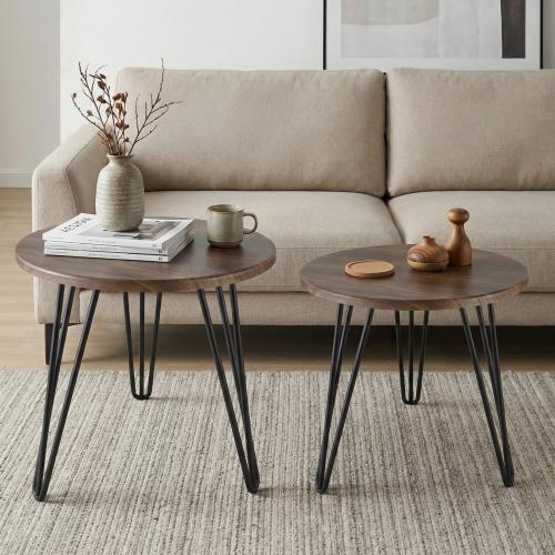 Wood Tea Table durable & two piece Iron Dark Brown Set