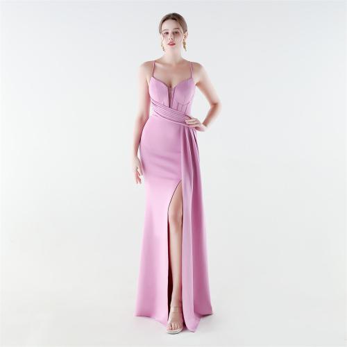 Satin & Polyester Long Evening Dress side slit & backless & off shoulder & padded Solid PC