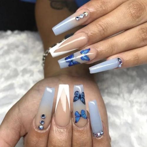 El plastico Uñas postizas, patrón de mariposa, azul, Conjunto