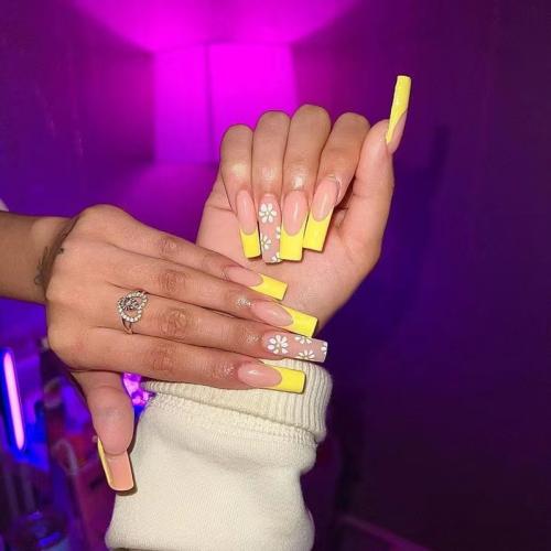 El plastico Uñas postizas, floral, amarillo, Conjunto