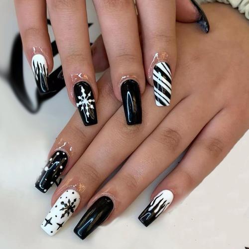 El plastico Uñas postizas, patrón de copo de nieve, en blanco y negro, Conjunto