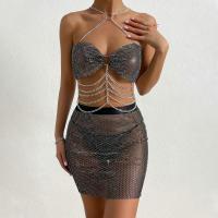 Rhinestone & Polyester Two-Piece Dress Set backless & transparent black : Set