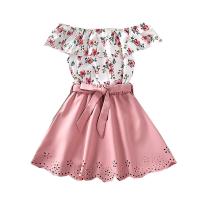 Polyester Mädchen Kleidung Set, Hosen & Nach oben, Gedruckt, Floral, Rosa,  Festgelegt