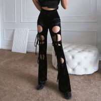 Golden Diamond Velvet High Waist Women Long Trousers & hollow black PC