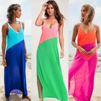 Chiffon Beach Dress deep V & side slit & hollow patchwork Solid PC