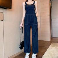 Denim Slim Women Suspender Trousers slimming & loose Solid deep blue PC