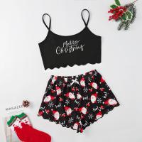 Milk Fiber Summer Pajama Set christmas design & breathable short pants & camis printed black Set