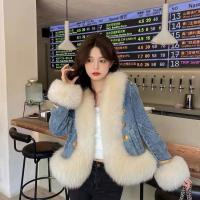 Plush & Denim Sweater Coat slimming & thermal patchwork PC