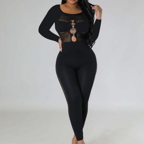 Polyester Slim Long Jumpsuit & hollow patchwork black PC