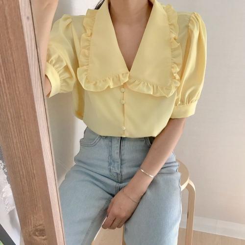 Cotton stringy selvedge Women Short Sleeve Shirt patchwork Solid PC