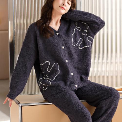 Polyester Women Pajama Set thicken & thermal Pants & coat printed floral Navy Blue Set