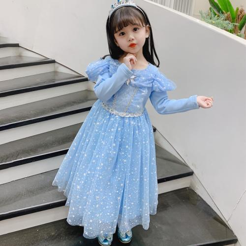 Cotton Princess Girl One-piece Dress  Solid blue PC