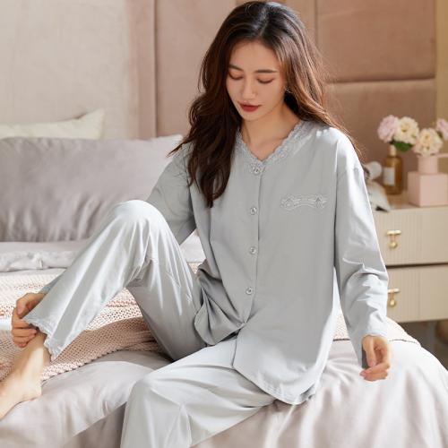 Baumwolle Frauen Pyjama Set, Solide, hellgrau,  Festgelegt