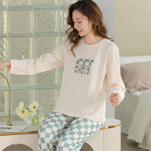 Baumwolle Frauen Pyjama Set,  Baumwolle, Gedruckt, Plaid, Beige,  Festgelegt