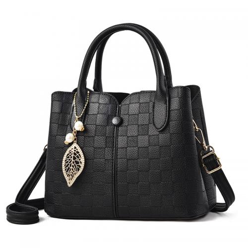 PU Leather Handbag with hanging ornament & large capacity plaid PC