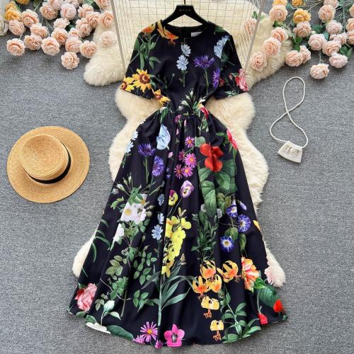 Polyester Waist-controlled One-piece Dress & breathable printed black PC