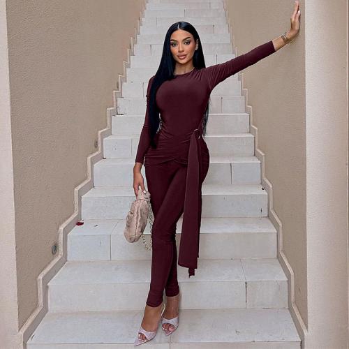 Milk Fiber Slim Long Jumpsuit flexible & breathable Solid wine red PC