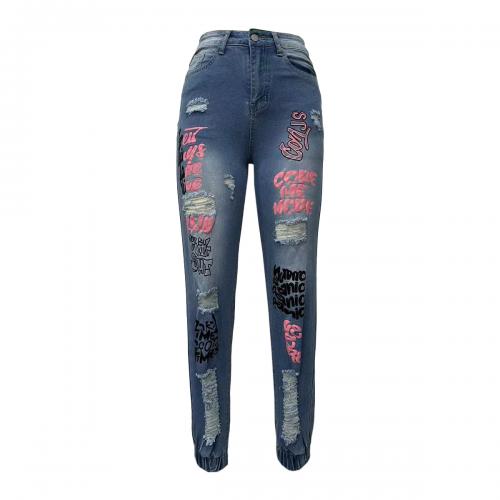 Cotton Ripped & Slim Women Jeans patchwork letter blue PC