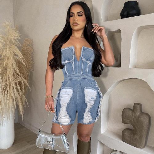 Denim Ripped Women Romper deep V & off shoulder blue PC