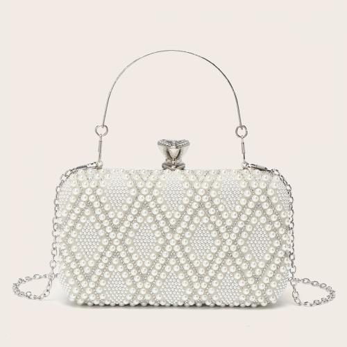 Plastic Pearl & Polyester Easy Matching Clutch Bag with chain & with rhinestone white PC