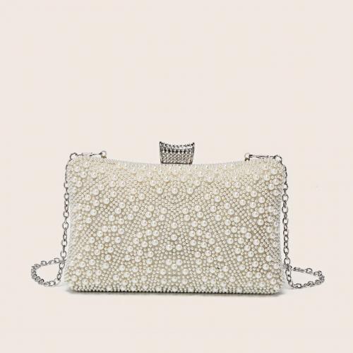 Plastic Pearl & Polyester Easy Matching Clutch Bag with chain & with rhinestone white PC