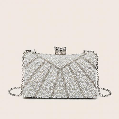 Plastic Pearl & Polyester Easy Matching Clutch Bag with chain & with rhinestone white PC