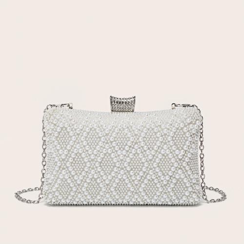 Plastic Pearl & Polyester Easy Matching Clutch Bag with chain & with rhinestone white PC