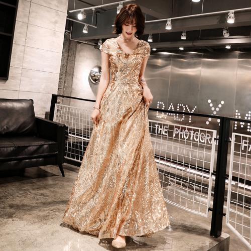 Polyester Plus Size Long Evening Dress large hem design patchwork Solid gold PC