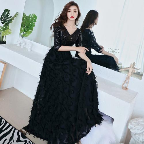 Polyester Slim & Plus Size Long Evening Dress patchwork Solid PC