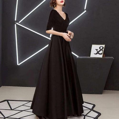 Polyester Slim & Plus Size Long Evening Dress large hem design patchwork Solid PC