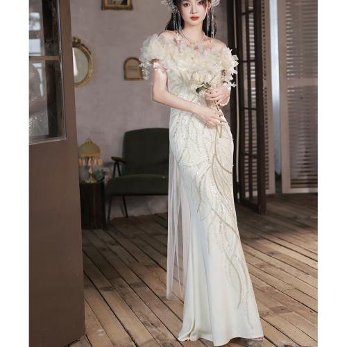 Polyester Off Shoulder & Slim & Mermaid Long Evening Dress patchwork Solid PC