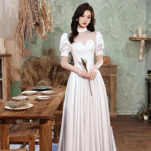 Polyester Slim Long Evening Dress large hem design patchwork Solid white PC