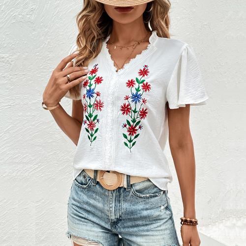 Polyester Vrouwen korte mouw Shirt Afgedrukt Bloemen Witte stuk