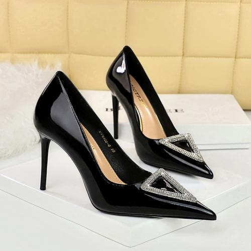 Patent Leather Stiletto High-Heeled Shoes & with rhinestone Pair