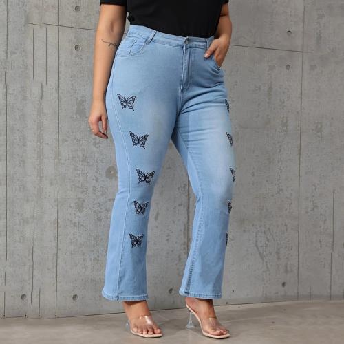 Denim bell-bottom & Plus Size Women Jeans flexible printed Solid blue PC