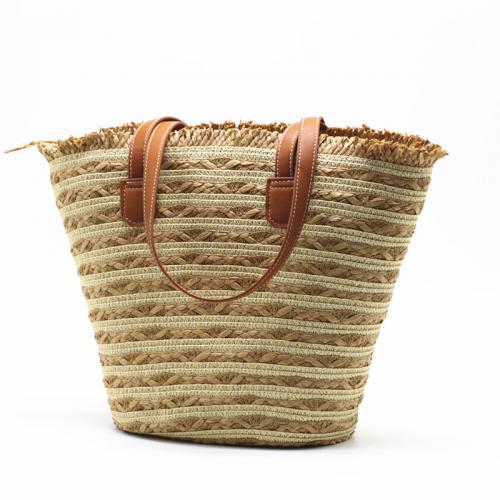 Straw Beach Bag Shoulder Bag large capacity striped khaki PC