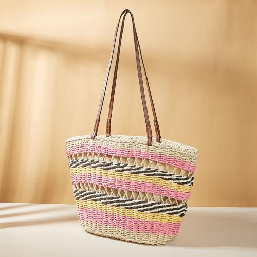 Straw Shoulder Bag hollow Solid pink PC