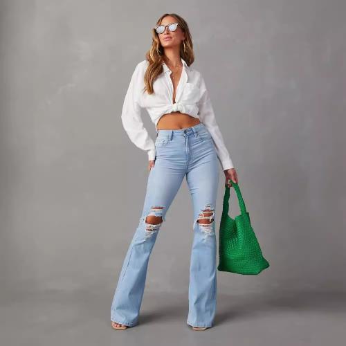 Denim Wide Leg Trousers & Ripped & High Waist Women Jeans Solid light blue PC