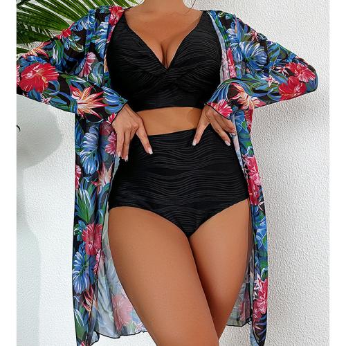 Polyester Tankinis Set & three piece & padded printed leaf pattern Set