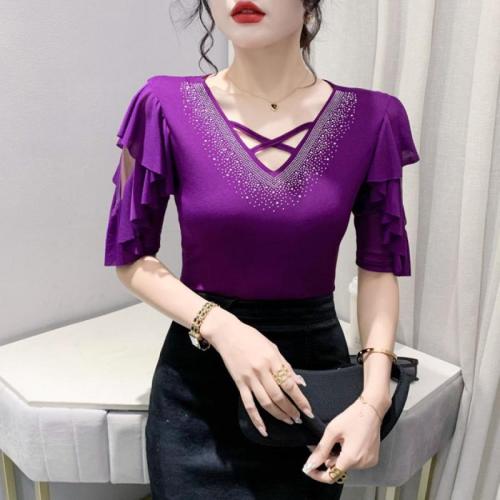 Polyamide & Gauze Slim Women Short Sleeve T-Shirts & hollow iron-on Solid PC